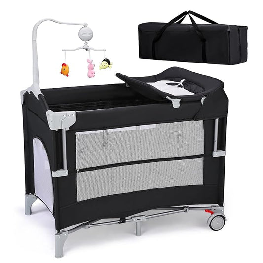 JOYMOR 5-in-1 Pack and Play with Bassinet and Changing Table, Lightweight Travel Crib, Foldable Baby Playard, Waterproof Changing Top, Carry Bag & Wheels