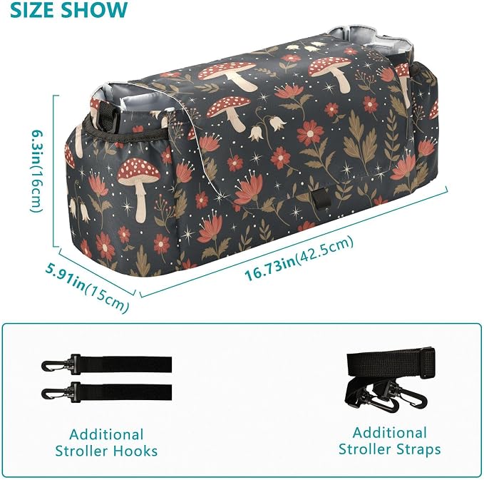 Forest Mushrooms Flowers Black Print Universal Stroller Organizer with Shoulder Strap & Cup Holder，Baby Stroller Caddy Bag for Shopping and Walking