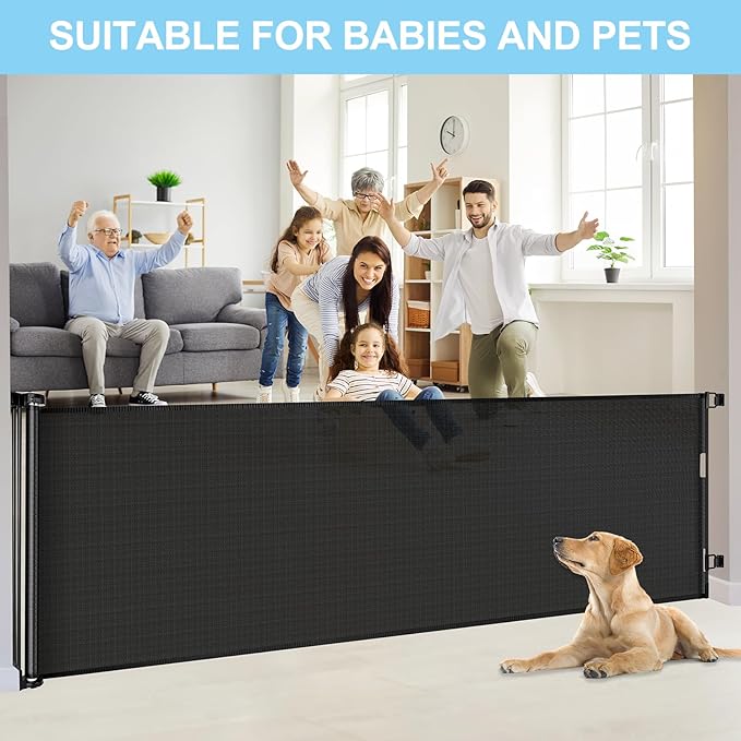 Mom's Choice Awards Winner - 120 Inch Extra Wide Baby Gate for Large Opening Retractable Baby Gate for Doorway Extra Long Puppy Gates for The House Outdoor Large Mesh Pet Gates for Dog Indoor (Black)