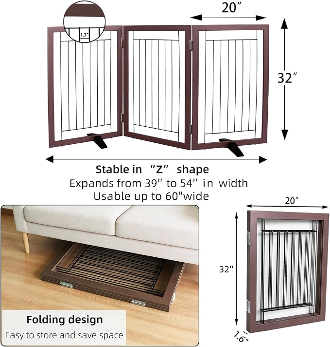 Dog Fence Indoor - 3-Panel Freestanding Dog Gate for Doorways, Hallways, House or Stairs -60x32-Inch Retractable Foldable Expandable Wood Pet by SFJC (Brown)