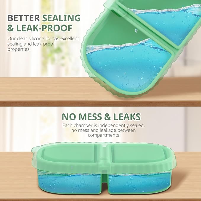 3 Pack Silicone Reusable Snack Containers with Lids - 8 Oz Double Compartment Snackle Box for Kids & Adults, Leakproof Small Divided Dipping Sauce Cup for School, Office, Picnic