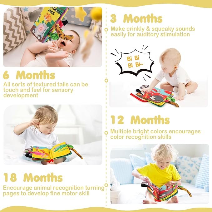 beiens Soft Toys Baby Cloth Books, Touch and Feel Crinkle Books for Babies, Infants & Toddler, Early Development Interactive Car Toys & Stroller Toys for Boys & Girls (Rainforest Tails-1 Book)