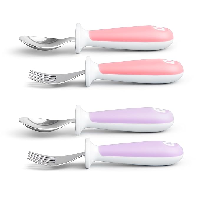 Munchkin® Raise??Toddler Fork and Spoon Utensil Set, Rest Keeps Tip Off Table, BPA Free, 4 Pack, Pink/Purple