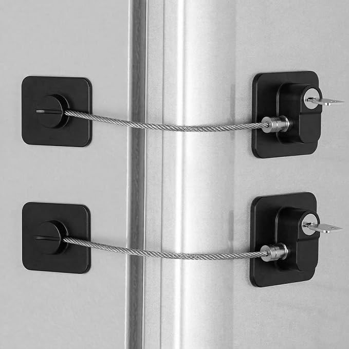 Child Safety Device Refrigerator Door Lock with Key and Adhesives, Cabinet Restrictor Cable for Baby and Toddler, Lock for Cupboards, Drawers, Fridge, Wardrobe, Black, Pack of 1
