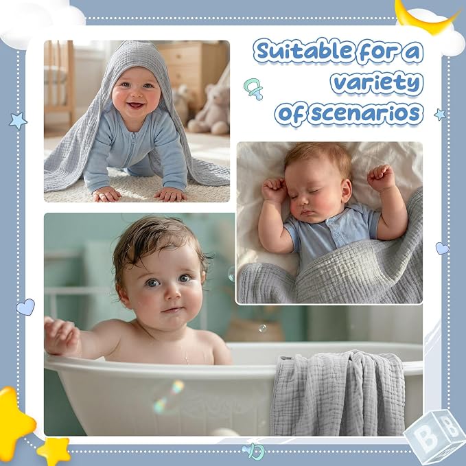 Breling 3 Pcs Muslin Hooded Baby Towels, 32 x 32 Inch 100% Muslin Cotton Newborn Bath Towel Absorbent Blankets Bath Essentials Registry Gift for Newborn, Infant Baby, Toddlers (Light Gray)