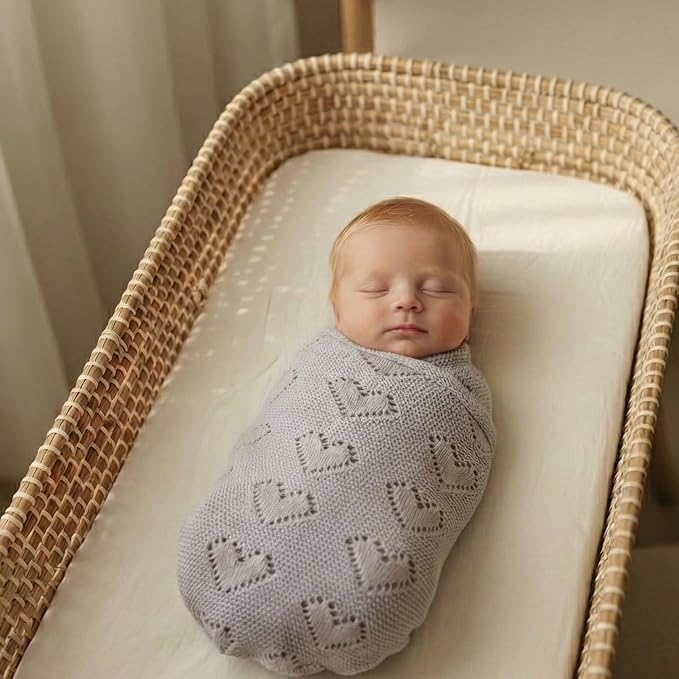 Heirloom Heart Knit Baby Blanket for Girls 100% Cotton Knit Swaddling Baby Blanket - Soft Warm Cozy Swaddle Receiving Cuddle Stroller Blanket for Newborns, Infants, & Toddlers (Lavender)