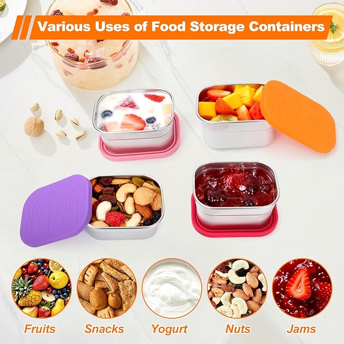 4 Pack Stainless Steel Snack Containers with Lids Set, 8 oz Rectangular Easy Open Leakproof Reusable Snack Box Tupperware Container, Small Containers for Oat,Crackers,Nuts,Candy,Lunch
