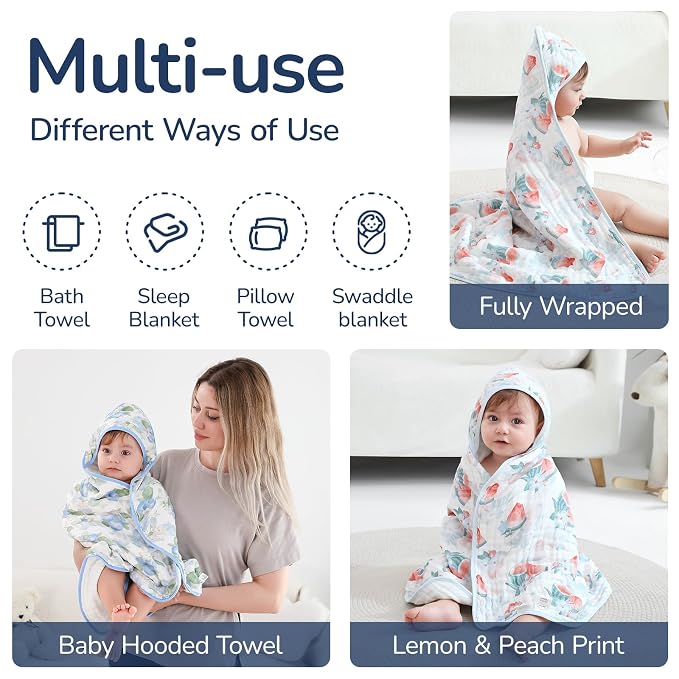 Baby Hooded Towel 2 Pack, Ultra Absorbent & Soft Muslin Baby Towel - 32 x 32 Inches, Baby Bath Towel for Newborns, Infants & Toddlers, Ideal for Bath Time, Pool & Beach