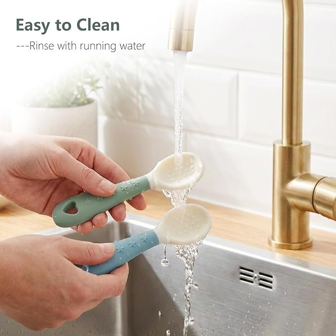 4-Pack Silicone Baby Spoons, Seposeve Soft Gum-Friendly First Feeding Spoons for Babies, Baby Feeding Utensils Essentials, Easy-Grip Handle, BPA Free, Dishwasher Safe, 2 Green 2 Blue
