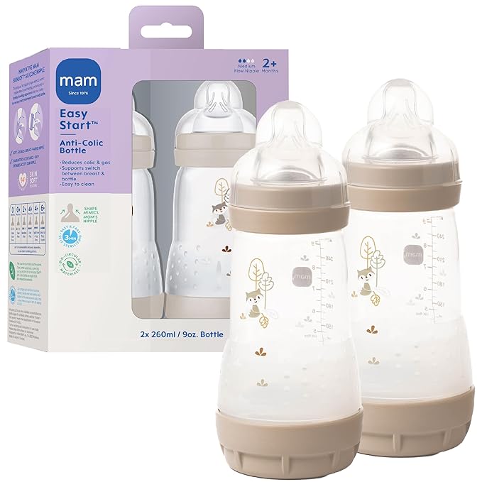 MAM 9oz Easy Start Anti-Colic Wide Neck Vented Baby Bottle, Medium Flow Breastfeeding-Like Nipple, Reduces Colic Gas & Reflux, Easy to Clean, BPA Free, 2+ Months, Made in Europe, 2 Pack, Unisex