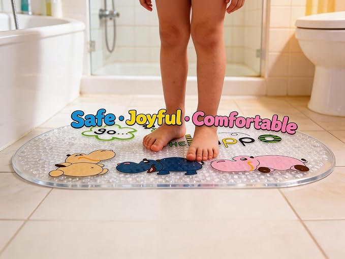 PTAPIPI Sea Animal Kids Bath Mat - 27x15 Inch Oval PVC Mat with Suction Cups, Machine Washable, Colorful Design for Children (Cute Hippopotamus)