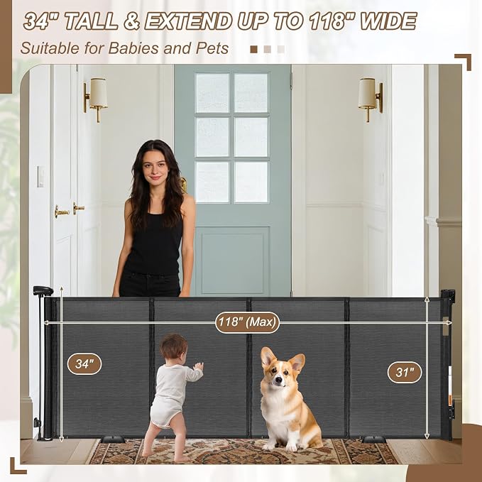 Reinforced 118" Wide Retractable Gate with Reinforced Strips, Indoor/Outdoor Retractable Dog Gate for Doorway Prevent Bottom Drilling Through, Safety Mesh Gate, Black