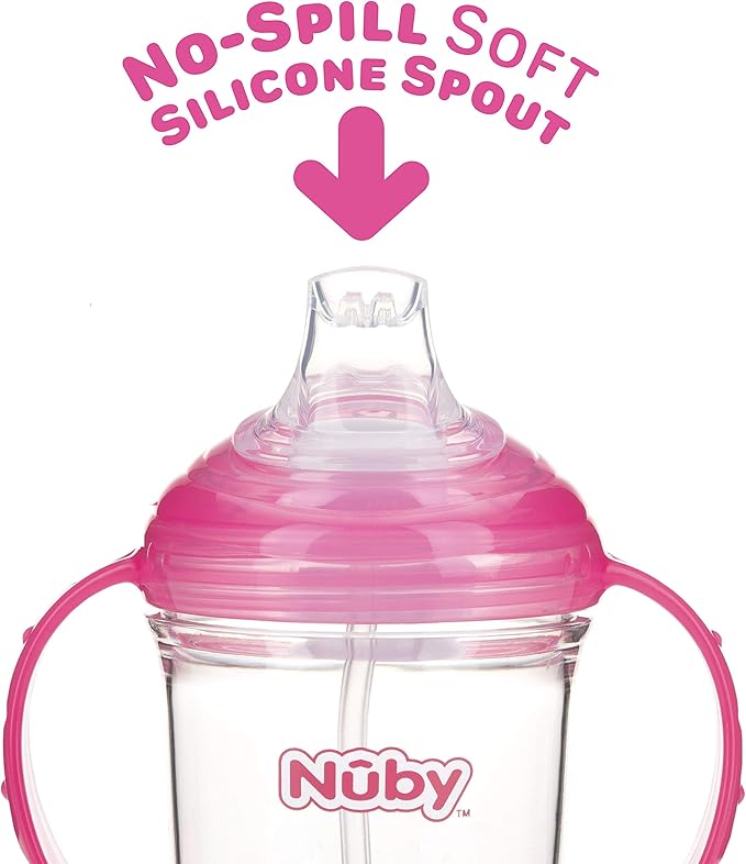 Nuby 360 Grip N' Sip 8oz Tritan Cup, Weighted Straw with Hygienic Cover, Pink