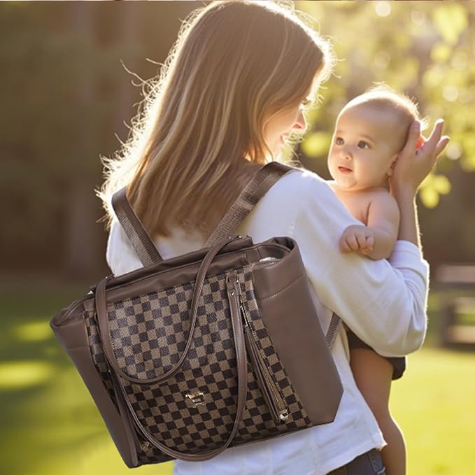miss fong Checkered Diaper Bag Tote Leather Diaper Bag Backpack, Large Capacity Mommy Bag Hospital Bag, 12 Pockets Travel Diaper Tote with Changing Pad for Mom Plaid Tote Bag for Women-Coffee