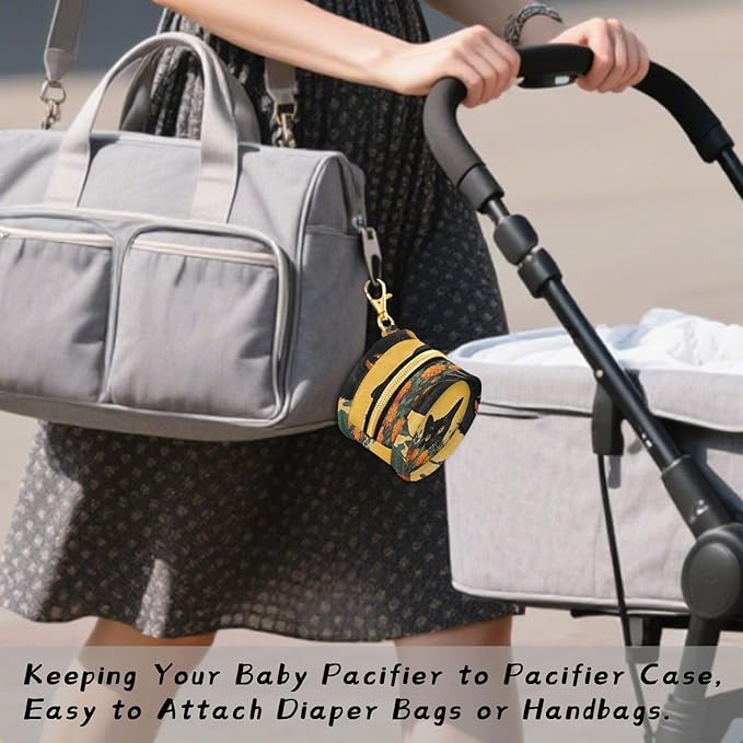 Pacifier Holder with Clip Pacifier Case for Diaper Bag Round Baby Pacifier Pouch Box Bag Portable Orange Flower Black Cat