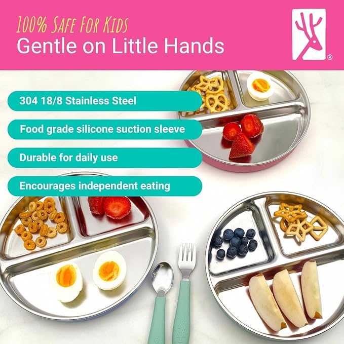 Elk and Friends Stainless Steel Divided Plates with Silicone Sleeve for Babies & Toddlers | Lids Included | Stay Put Suction | Dinner & Snack Plates | 4 Pack