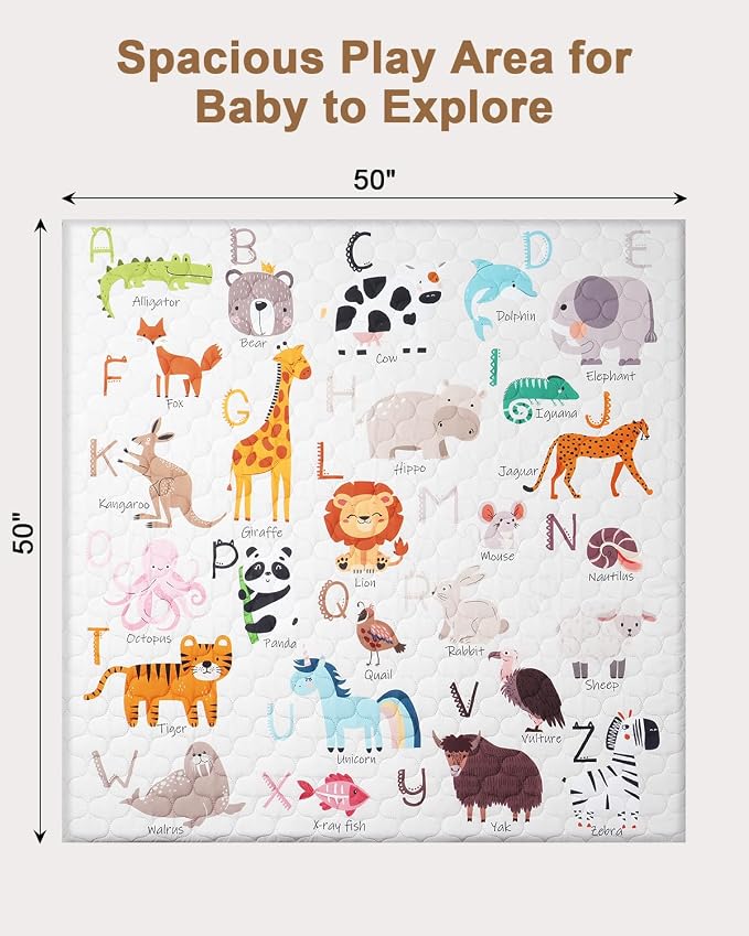 2-in-1 Baby Play Mat Indoor & Outdoor, 50x50in Thick Foam Playpen Mat with Waterproof Removable Cover, Non-Slip Soft Crawling Floor Mat for Infants, Toddlers, Travel, Picnic & Camping, Alphabet