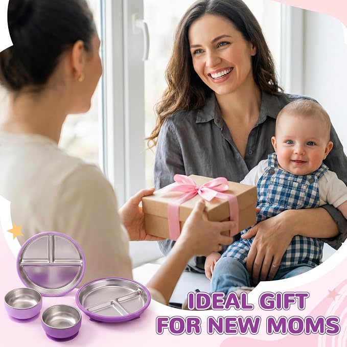 Havawish 4 Pcs Stainless Steel Baby Plate and Bowl with Suction, 8.3" Kid Divided Plate 4" Toddler Bowl with Removable Silicone, BPA-free Non-slip Baby Feed Set Dishwasher Safe for Boy Girl (Purple)