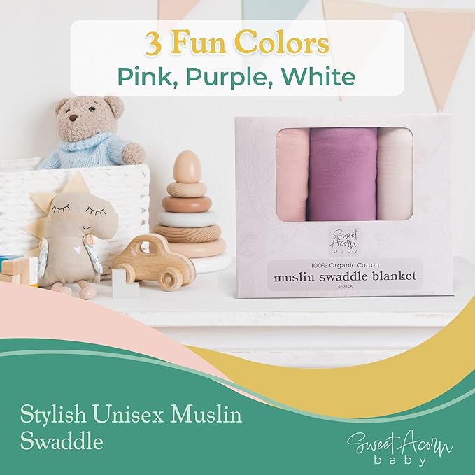Muslin Swaddle Blanket ??Soft Cotton Muslin Baby Blanket for Newborns, Infants, and Toddlers, All-Season Comfort Baby Essential - Pink, Purple, White