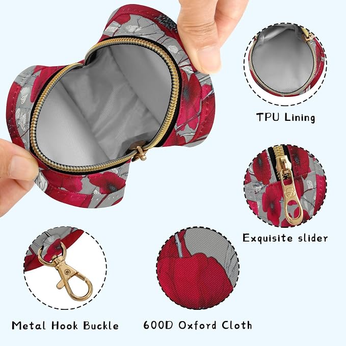 Pacifier Holder with Clip Pacifier Case for Diaper Bag Round Baby Pacifier Pouch Box Bag Portable Grey and Red Vintage Poppy Flowers01