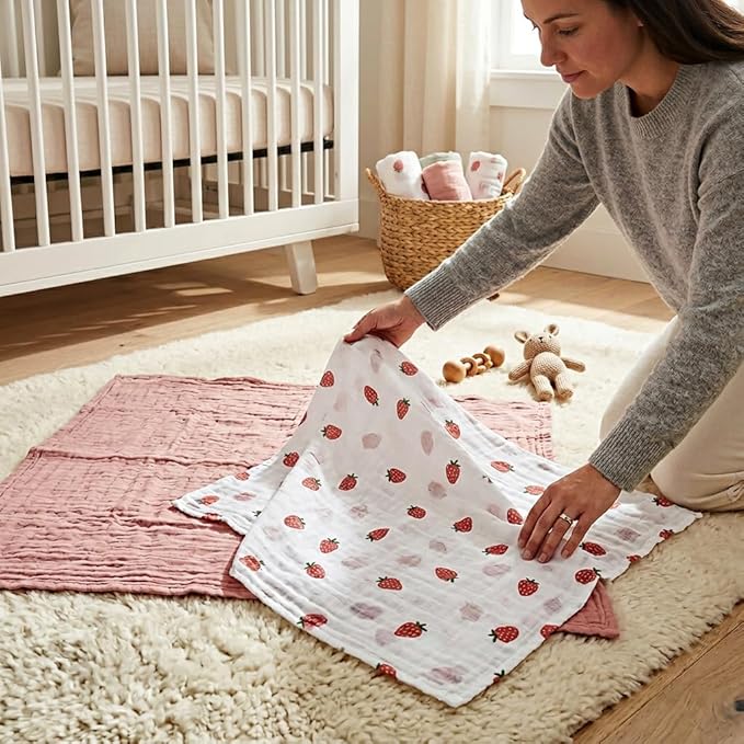 Lulujo Baby Swaddle Blankets | Unisex Softest Breathable Cotton Muslin Swaddle Blanket Set | Neutral Receiving Blanket for Girls & Boys | 40in x 40in | Strawberries & Ballet Slipper | 2-Count