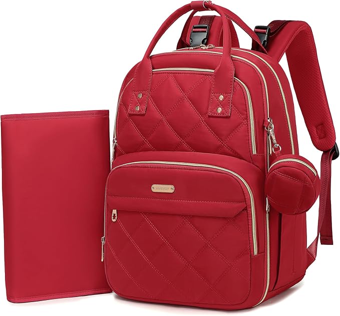 Diaper Bag Backpack, Large 26L Baby Bag with Portable Changing Pad & Pacifier Case, Waterproof Quilted Maternity Backpack for Mom and Dad, Travel Essentials with Insulated Pockets, Red