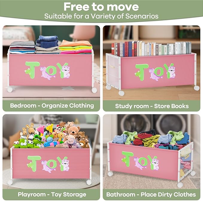 120L Kids Extra Large Toy Box with Wheels & Handle, 33.1??x 16.5??x 14.6??Big Toy Chest for Boys Girls, Toy Storage Organizer for Living Room Area, Playroom(Pink, 1PC)