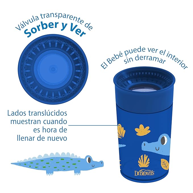 Dr. Brown's Milestones Cheers 360 Spoutless Transition Cup, Travel Friendly and Leak Free Sippy for Babies and Toddlers, Blue Animals, BPA-Free, 10 oz/300 mL, 9m+, 1-Pack