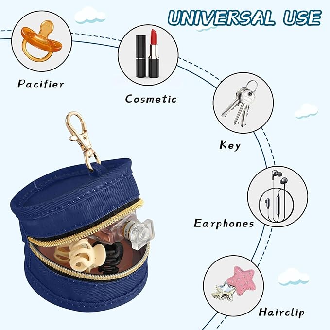 Navy Blue Pacifier Holder with Clip Pacifier Case for Diaper Bag Round Baby Pacifier Pouch Box Bag Portable