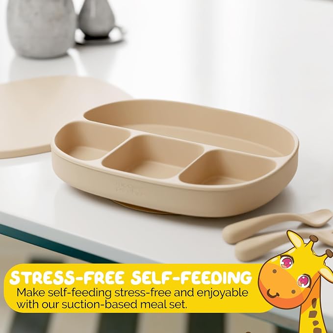 Baby Feeding essentials Baby Led Weaning Supplies in neutral Beige Color with Suction plates for baby with lid and baby spoons and toddler forks - (3 Piece Set)