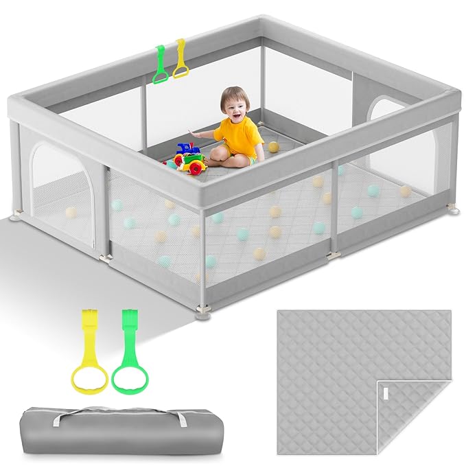 Omzer Baby Playpen with Mat 71x59inch: Large Playpen for Babies and Toddlers Indoor Safety Play Pen with Soft Breathable Mesh - All-Wrapped Sponge Sturdy Play Yard with Stable Mat Magic Sticker