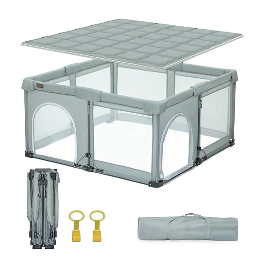 Foldable Playpen with Detachable Thicken Mat,59x71 Inches Portable Playpen,Collapsible Play Pen for Babies and Toddlers,Indoor & Outdoor Baby Fence Play Area,Cold Gray