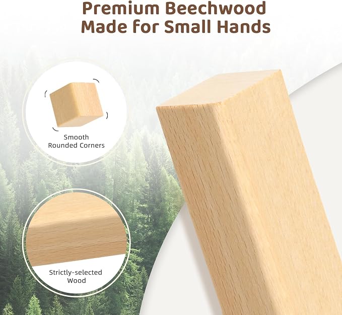100pcs Natural Beech Wooden Building Blocks for Toddlers 1-3, Wooden Blocks for Baby Shower with Storage Bucket, Montessori Toys for Preschool Girls and Boys