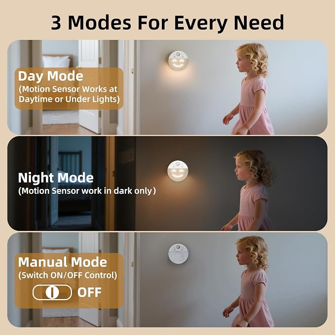 MY BEAUTY LIGHT Motion Sensor LED Night Light with 4 Facial Expressions, 2 Pack 3000K Soft Warm White Dimmable Hallway Light, Rechargeable LED Wall Sconces with Timer, Mood Light for Kids Adults