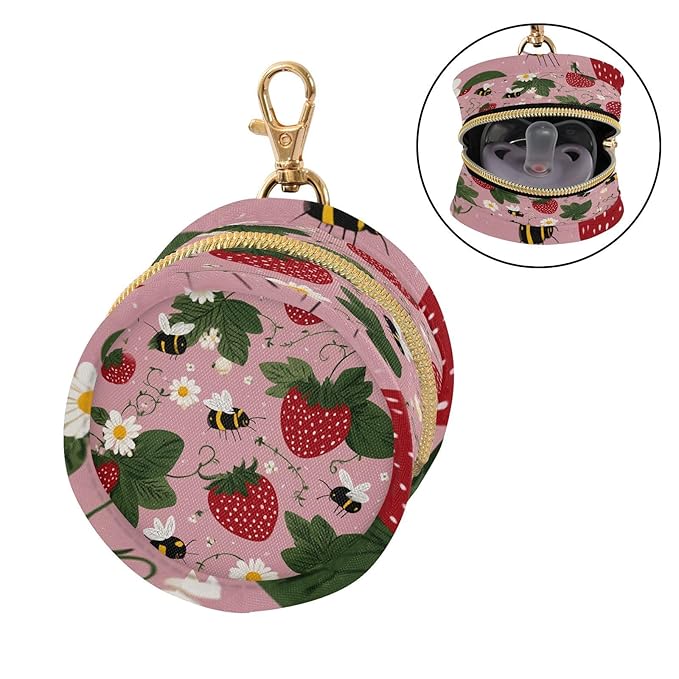 Pacifier Holder with Clip Pacifier Case for Diaper Bag Round Baby Pacifier Pouch Box Bag Portable Pink Bees Flowers Strawberry