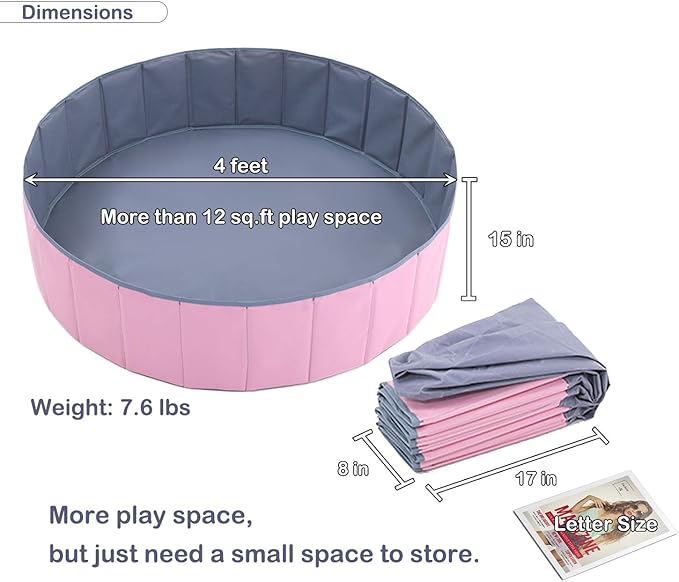 4 Feet Ball Pit for Kids/Baby Play Yard/Playpen/Fence, Folding Portable, No Need to Inflate, More Than 12 Sq.ft Play Space, Two Colors