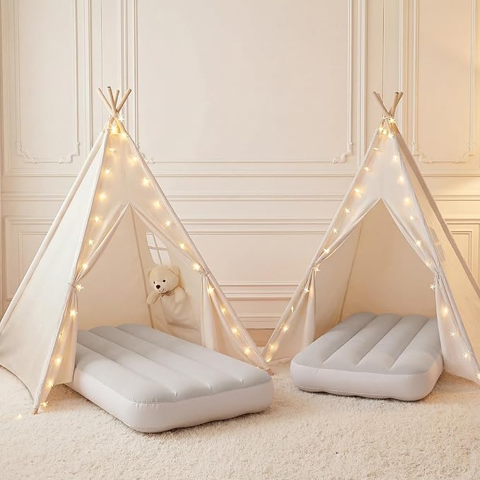 wilwolfer 2 Pack Teepee Tent for Kids with Inflatable Airbed, Indoor Play Tent Foldable for Boys Girls Party Sleepover Slumber Gifts Toy