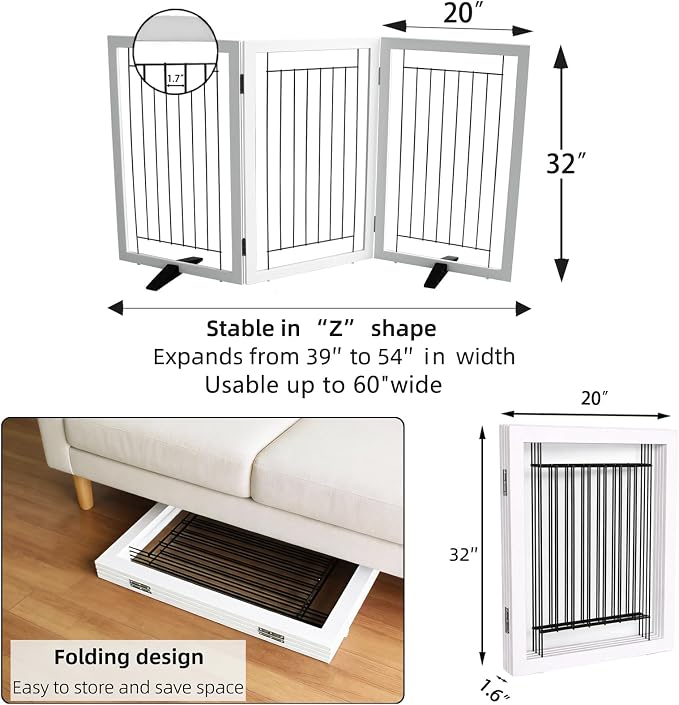 Dog Fence Indoor - 3-Panel Freestanding Dog Gate for Doorways, Hallways, House or Stairs -60x32-Inch Retractable Foldable Expandable Wood Pet by SFJC (White)
