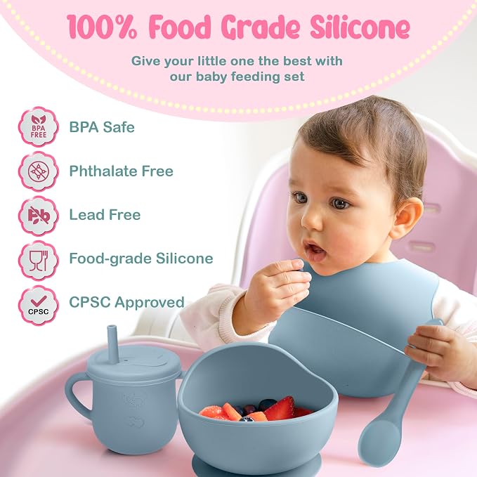 24 Pack Silicone Baby Feeding Set - 6+ Months Food Grade Baby Feeding Essentials | Silicone Bibs, Baby Bowls and Plates, 3 in 1 Baby Sippy Cup, Spoons and Fork Set | Free of BPA/PVC/Lead/Phthalate