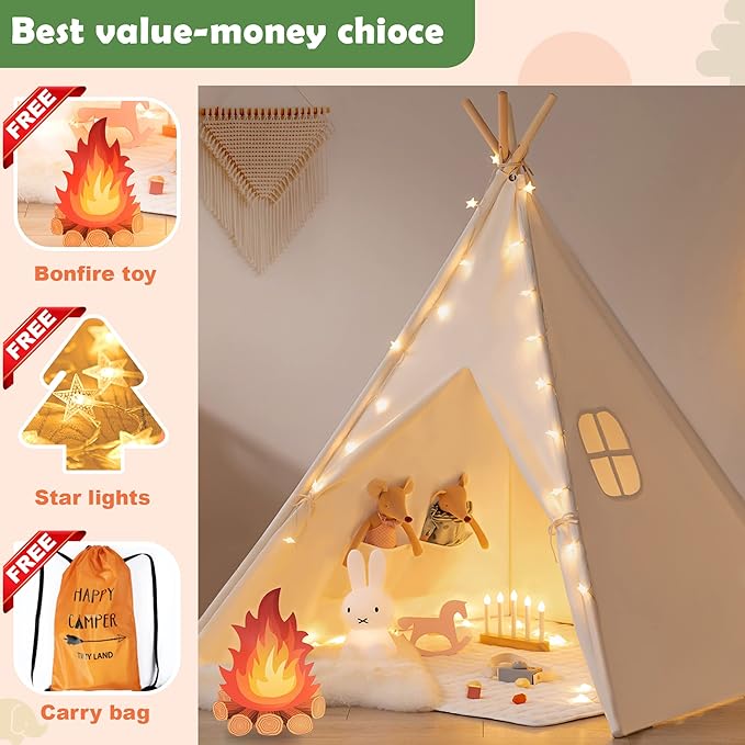 Tiny Land Teepee Tent for Kids with Star Lights, Foldable Play Tent for Girls & Boys, Washable Indoor Toddler Tent, Cozy Warm Reading Nook & Room Decor