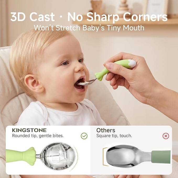 KINGSTONE Toddler Utensils with Case, Kids Silverware Set with Silicone Handles, 18/10 Stainless Steel Children Safe Forks and Spoons, Travel Carrying Cases BPA Free, Dishwasher Safe (green)