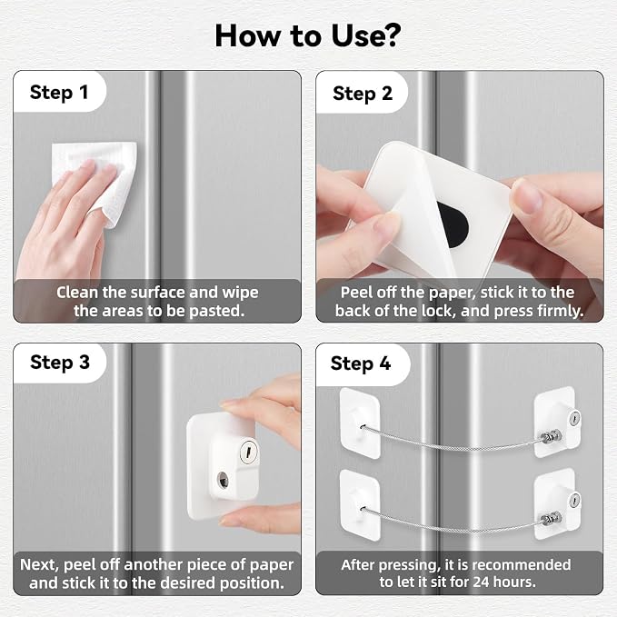 Fridge Lock with Key, Safety Lock for Refrigerator, Cabinet, Drawer, Window – Easy to Install, No Drilling(2 Pack, Rectangle White)