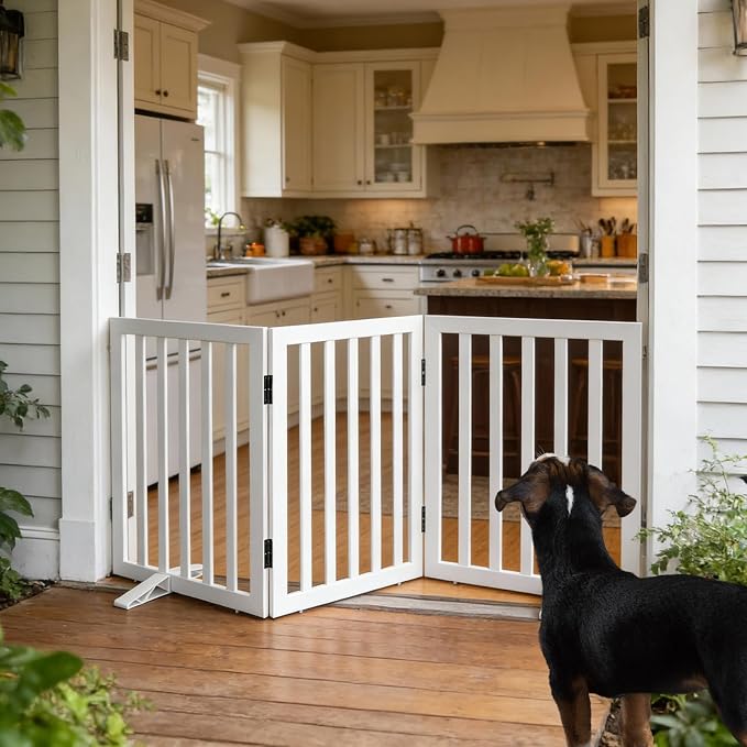 Dog Gate Indoor, Freestanding Dog Fence for The House, Doorways, Hallways,or Stairs,Pet Gate Foldable Wooden,Expandable 24" Height 3 Panels,White