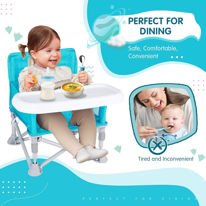 Portable Baby Booster Seat with Tray, Toddler Booster seat for Dining, Camping, Travel, Baby Beach Chair 6 Months to 3 Years Old Indoor Outdoor Use Cyan