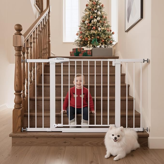Mumeasy 29.7??8" Baby Gate for Stairs, Dog Gate for Doorways, Auto Close Child Gate, Indoor Safety Pet Gate with Walk Thru Door, Easy Install Pressure Mounted Extra Wide Gate for Kitchen, House,White