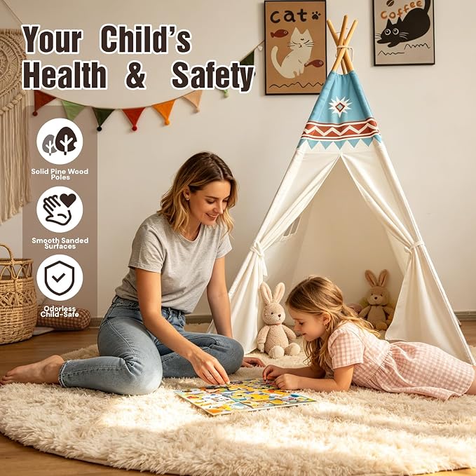 RONGFA Teepee Tent for Kids, 100% Cotton Play Tent with Mat, Kids Teepee Tent with Colored Flag, Quality Portable Play Tent with Carry Bag for Girls and Boys Indoor Outdoor (Beige Blue with Mat)