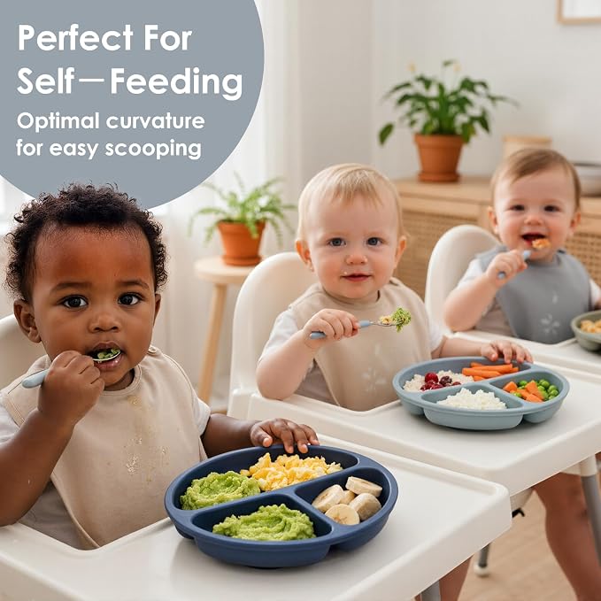 Tiny Marvels Baby Plates 3 Pack, 100% Food Grade Silicone Toddler Plates, Divided Baby Suction Plates, Non-Slip Toddler Plate Set, Baby Led Weaning Supplies, Microwave & Dishwasher Safe