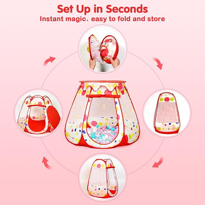 PopUp Princess Tent, Toddler Girl Toys Baby Ball Pit with LED Star Lights, Foldable Kid Play Tent with Carrying Bag, Indoor Outdoor 1 2 3 Year Old Girls Toy Gift for Birthday/Christmas, Red