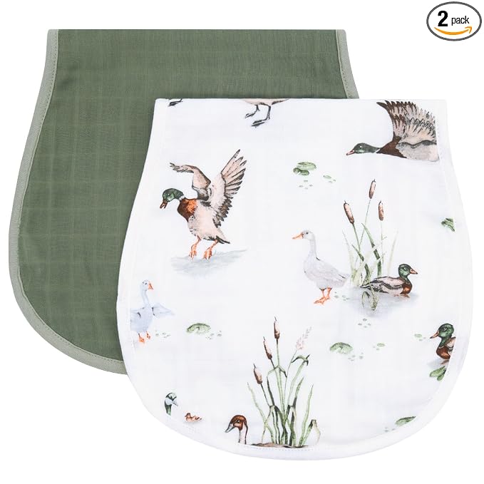LifeTree Muslin Baby Burp Cloths - 2 Pack 70% Viscose from Bamboo and 30% Cotton Large 22'' by 10.6'' Absorbent Milk Spit Up Rags - Burping Cloths for Newborn, Girls Boys, MallardDuck & Olive