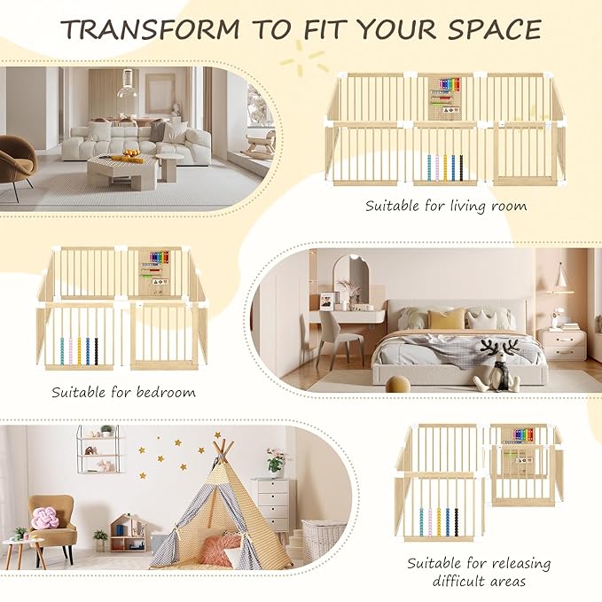 EXPERLAM Baby Playpen - Wooden Playpen for Babies and Toddlers, Foldable Play Pen with Locking Gate, Portable Baby Fence with Adjustable Shape and Size, Extra Large Toddler Play Yard (58X58x23.5Inch)